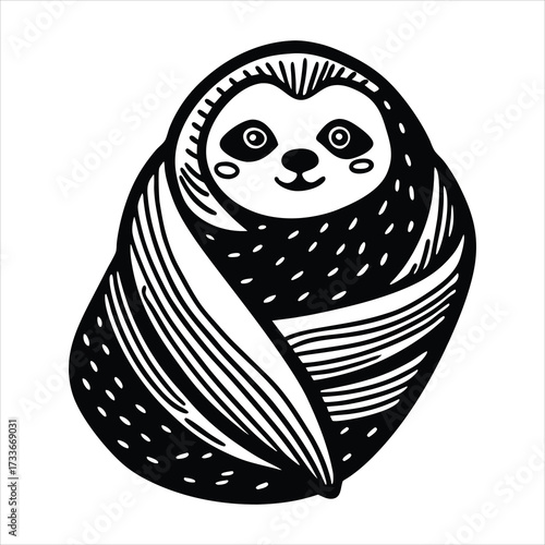 A kawaii sloth wrapped in a blanket like a burrito