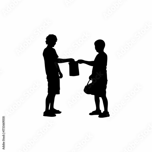 Silhouette of volunteers distributing free school supplies isolated on white background