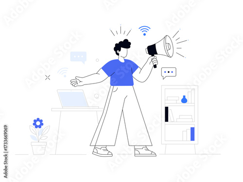 Minimalist vector illustration depicting a man speaking out an announcement with confidence