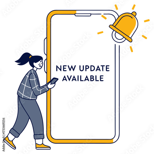 Woman with phone sees new update notification on large screen