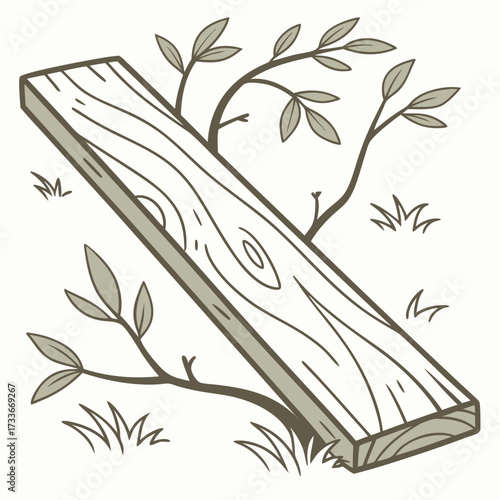 Wooden plank with branches and grass illustration timber