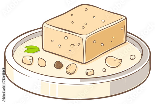 Traditional sweet Barfi cartoon illustration on a plate with herbs and nuts