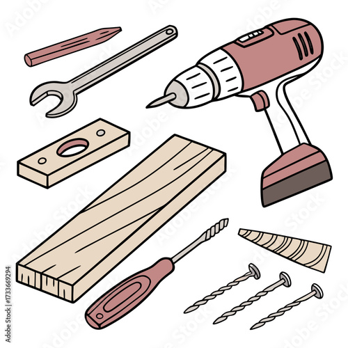 Woodworking and Repair Tools Isometric View construction