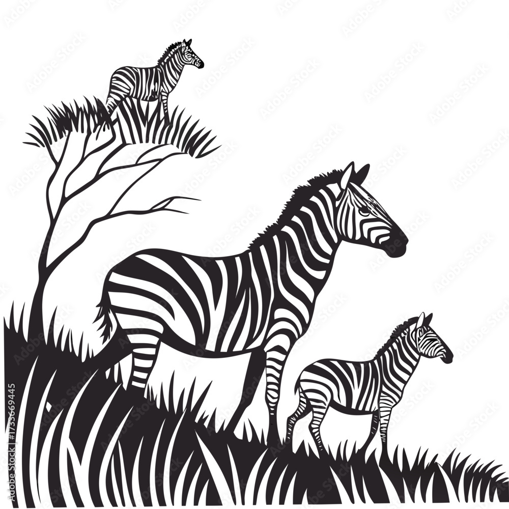 Fototapeta premium Zebras on Grassy Hillside with Tree Silhouette animal