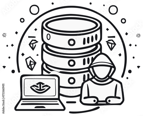 Cybersecurity concept illustration with data server, laptop and hacker figure.