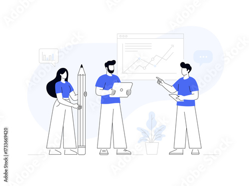 Flat modern vector illustration of three people working together — a male presenter, a man with a tablet, and a woman with a large pencil — representing business strategy, creativity, and teamwork