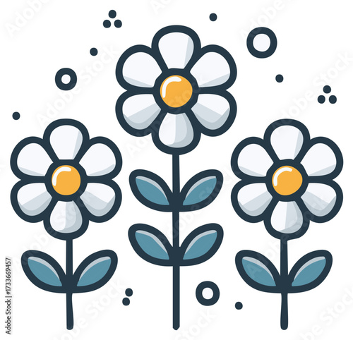 Daisy Flowers Vector Illustration with Leaves in Simple Flat Style, Decorative Floral Design