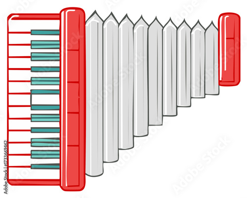 Vibrant red and white cartoon accordion musical instrument vector illustration with keyboard and bellows