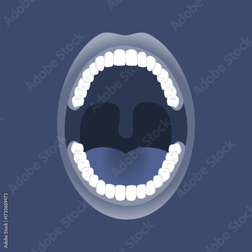 Human mouth wide open, blue illustration.