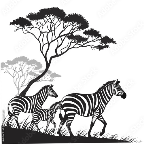 Zebras walking under an acacia tree with distant trees silhouette