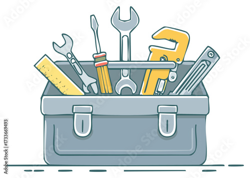 Toolbox Loaded with Hand Tools Wrenches Screwdrivers Plier Level and Ruler Illustration