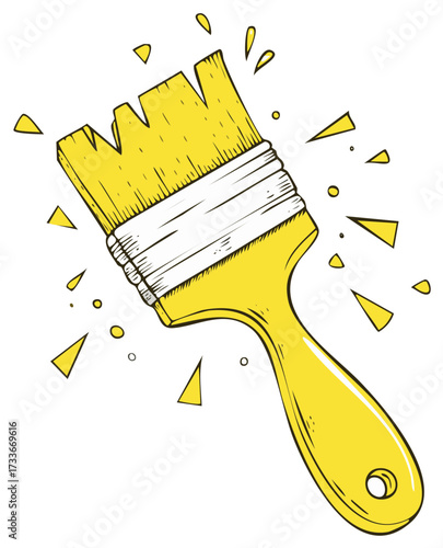Hand drawn yellow paintbrush illustration with paint splashes. Creative artistic tool for renovation and DIY projects.