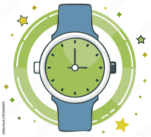 Stylized wristwatch illustration with green clock face and stars