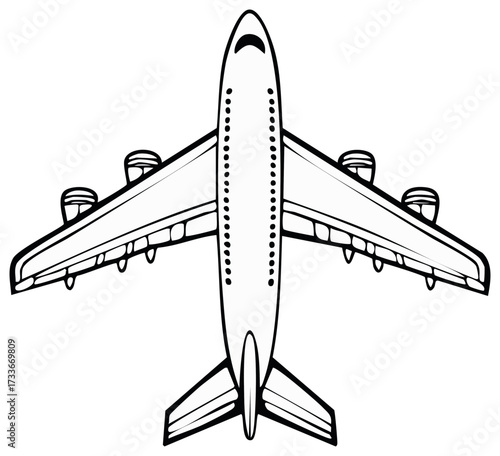 Overhead View Commercial Passenger Airplane Line Art Vector Drawing