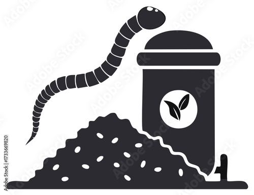 Earthworm emerging from an organic compost pile next to a recycling bin with a leaf logo