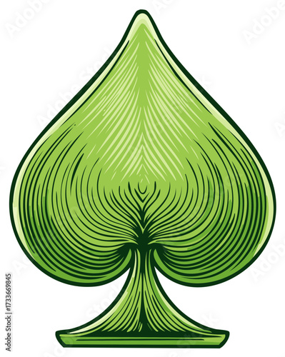 Green spade playing card suit symbol with vintage engraved line art style illustration