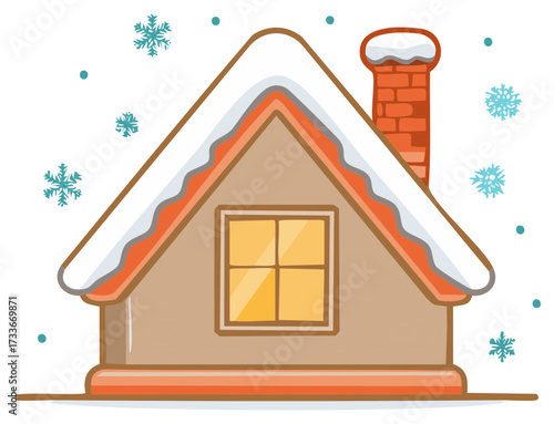 Charming winter house illustration with snowy roof chimney and glowing window
