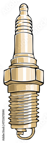 Isolated cartoon illustration of a golden automotive engine spark plug component