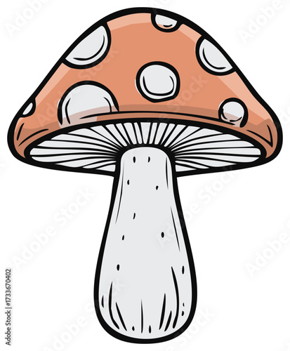 Cartoon mushroom illustration, spotted cap and white stem, vector graphics