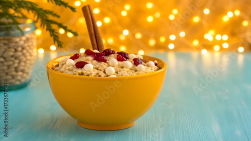 Concept of food diet, longevity, and fiber maxxing. festive christmas themed overnight oats with cranberries