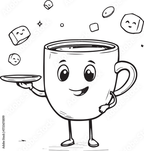 Cartoon coffee cup character illustration — black and white design with smiling face, arms, legs, and floating sugar cubes