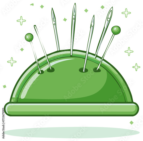 Green sewing pincushion with needles and pins for crafting and tailoring cartoon illustration