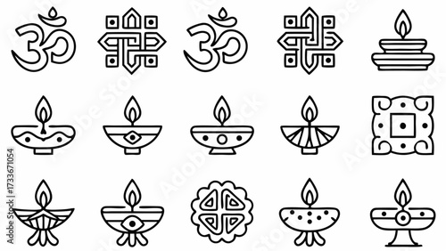 Illustration showing a variety of diya lamps and geometric designs in a simple black and white outline style