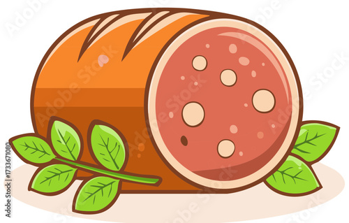 Stylized Sausage Illustration, Delicious Food Element, Cartoon Style Meat Product with Greens