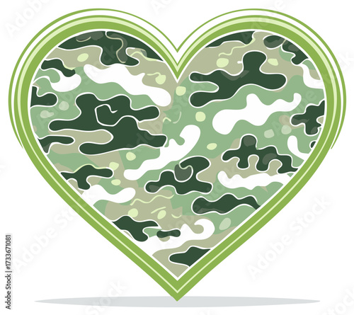 Green Camouflage Heart Shape Symbol with Military Pattern Inside