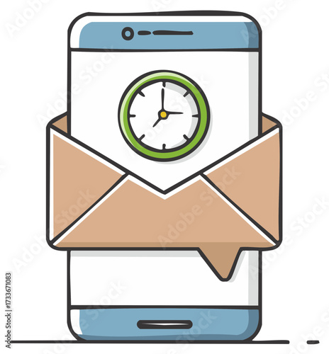 Cartoon mobile phone showing an envelope containing a clock representing delivery time and deadlines
