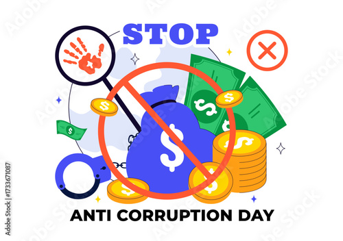 International Anti Corruption Day Illustration Featuring a Stop Giving Money Message with Dollar Coins, Prohibition Sign, and Chains in a Background
