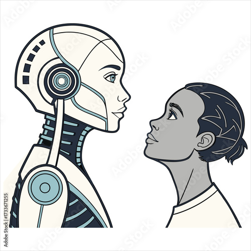 Female robot and human heads side by side
