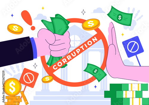 International Anti Corruption Day Illustration Featuring a Stop Giving Money Message with Dollar Coins, Prohibition Sign, and Chains in a Background