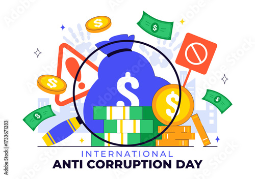 International Anti Corruption Day Illustration Featuring a Stop Giving Money Message with Dollar Coins, Prohibition Sign, and Chains in a Background