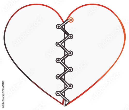 Heart shape split down the middle and laced back together representing mending emotions and recovery