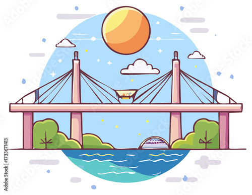 Stylized Cable-Stayed Bridge Illustration Over Water with Sun and Clouds