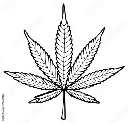 Black and white line art illustration of a single cannabis marijuana leaf