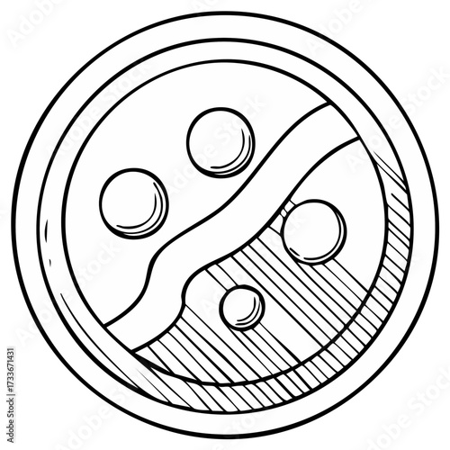 Circular emblem with a curved division and scattered circles in a sketch style