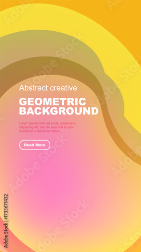 Abstract geometric background features vibrant color gradients. Text overlay includes sample content, button for further exploration.