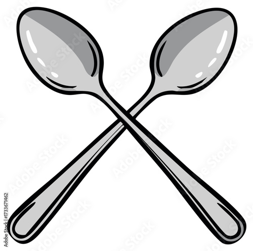 Two crossed metal spoons illustration with cartoon style shading