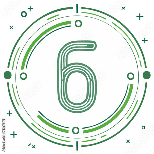 Stylized Number Six Illustration in Green with Circular Abstract Graphic Elements and Unique Number Six Design