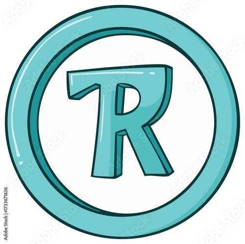Vibrant cartoon registered trademark symbol R in a bold circle graphic for legal intellectual property branding protection