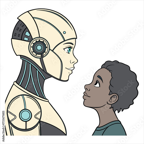 Female robot and human heads side by side