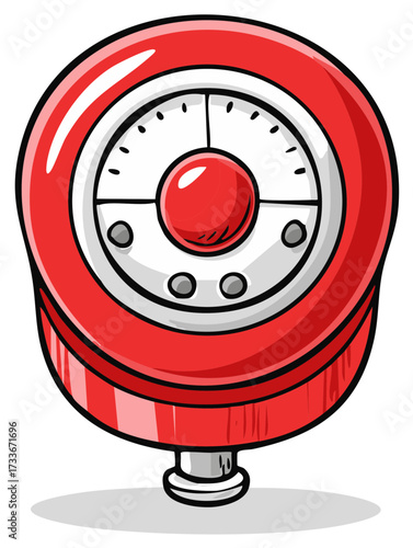 Stylized cartoon illustration of a red circular gauge with a central dial and silver knob