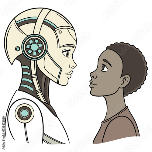 Female robot and human heads side by side