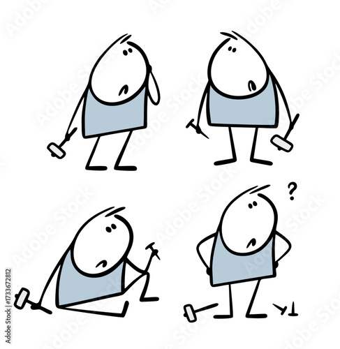 Cartoon set of vector stickman images at work with a hammer. Funny characters hammer nails. Doodle awkward husband repairs furniture or a house, hangs a painting.