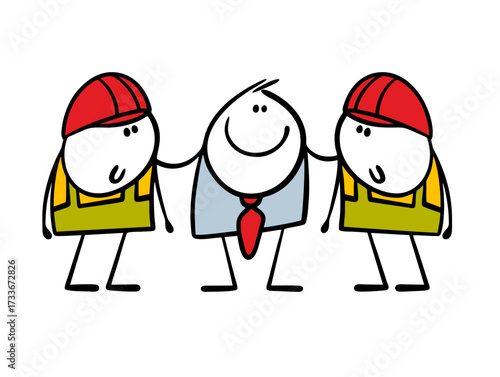 Cartoon satisfied businessman in  business suit came from office to the factory. Vector illustration of a group of people in protective helmets and uniforms, workers hugging.