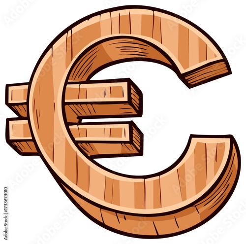 Illustration of a Wooden Euro Symbol, Currency and Finance Concept in Cartoon Style