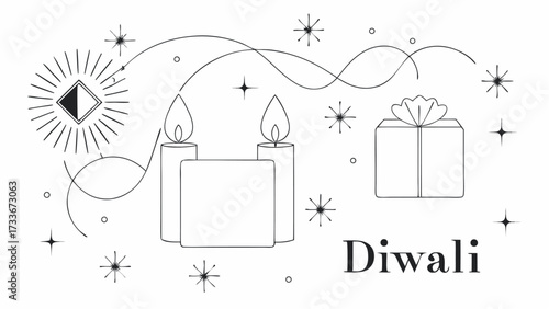 Illustration of diwali celebration with candles gift and stars in black and white simple line drawing style