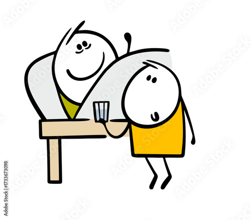 Doodle father is sick, lying in bed. Vector illustration of  son taking care of  man, giving medicine and   glass of water. Cartoon cute baby and parents are in the hospital.